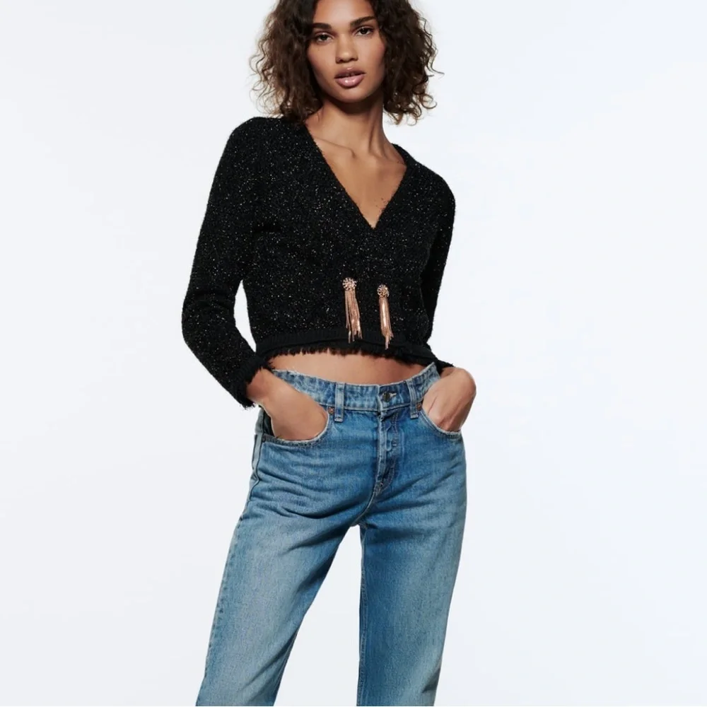Zara metallic treads knitted jacket with ornament & chains